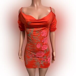 Pretty stretchy orange PRINT WITH STONES cold shoulded ruched tunic dress New